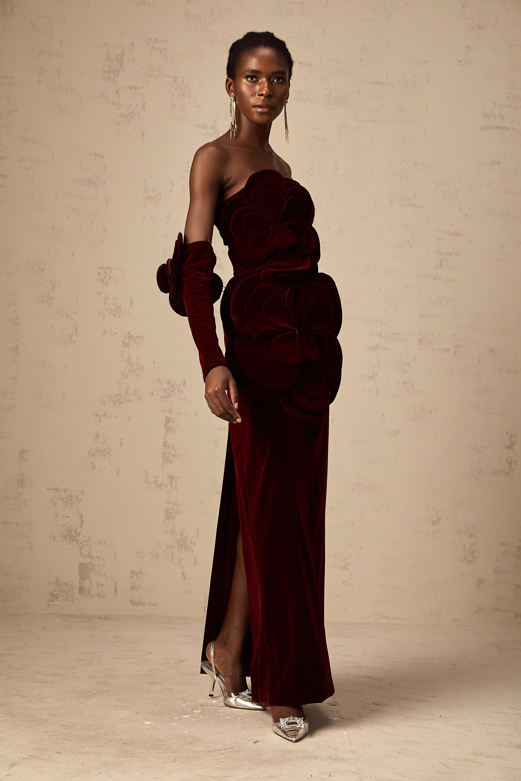 Azura Floral Appliqué Maxi Dress Off-Shoulder Long Sleeve Detail Red