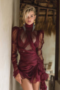 Théa Asymmetrical Ruched Mini Dress Mock Neck Long Sleeve Detail Burgundy