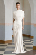 Catherine Asymmetrical Pleated Maxi Dress Crew Neck Sleeveless Mesh Detail White