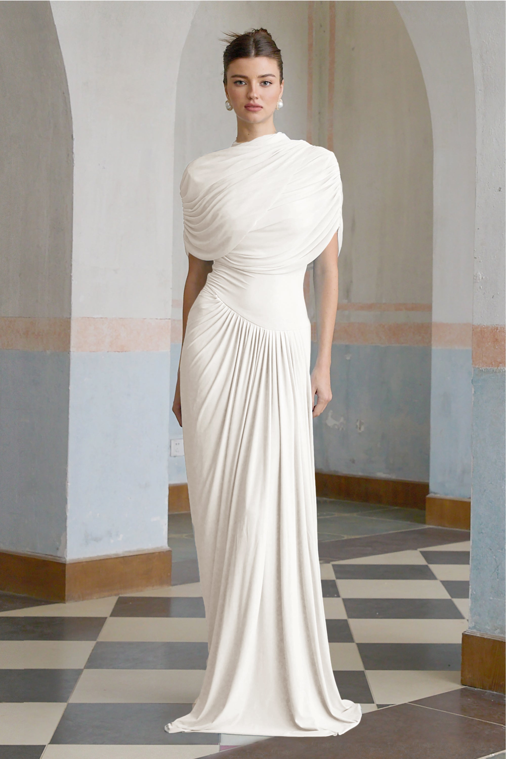Catherine Asymmetrical Pleated Maxi Dress Crew Neck Sleeveless Mesh Detail White