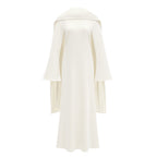 Piroska Pearl Trim Shawl Detail Maxi Dress Mock Neck Long Sleeve White