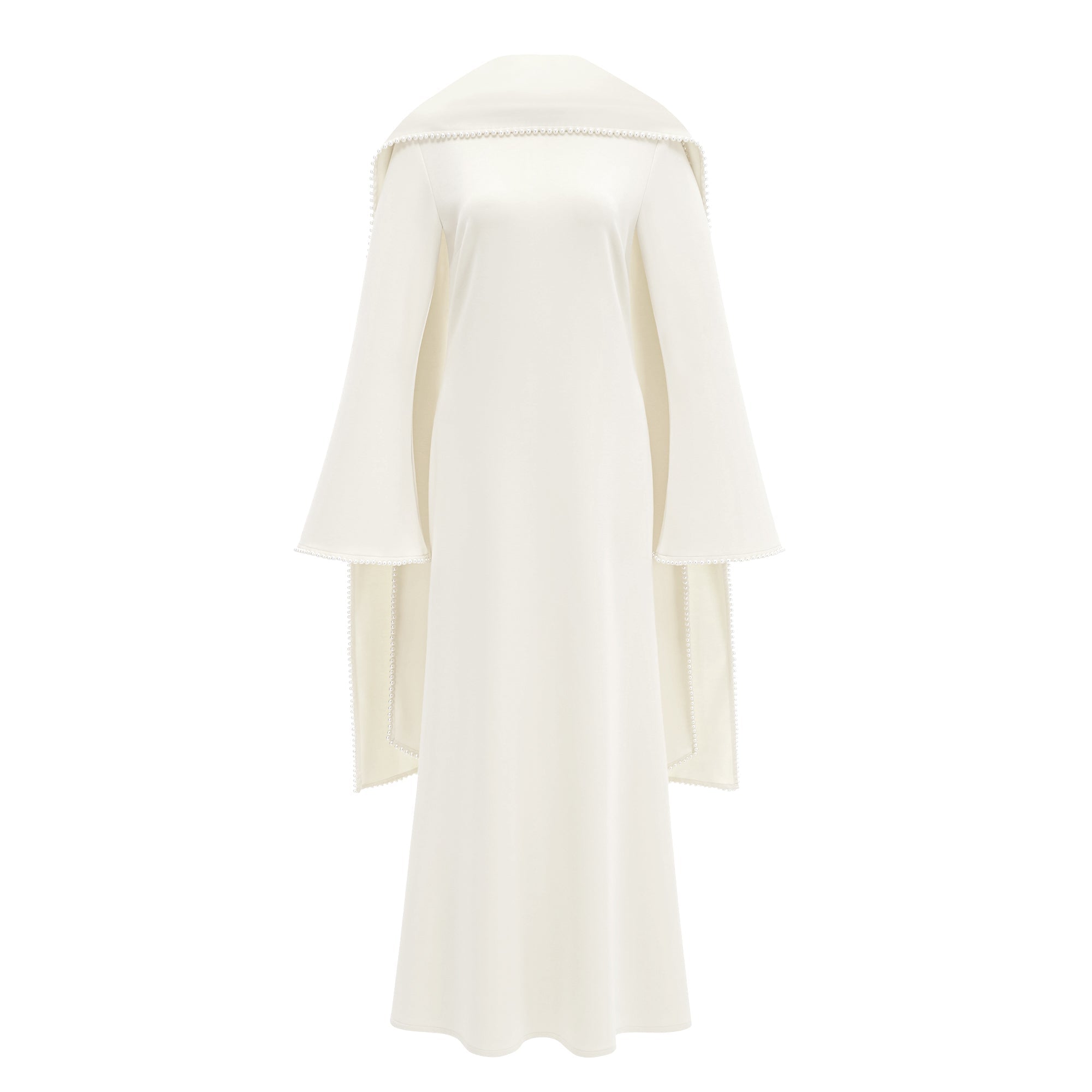 Piroska Pearl Trim Shawl Detail Maxi Dress Mock Neck Long Sleeve White