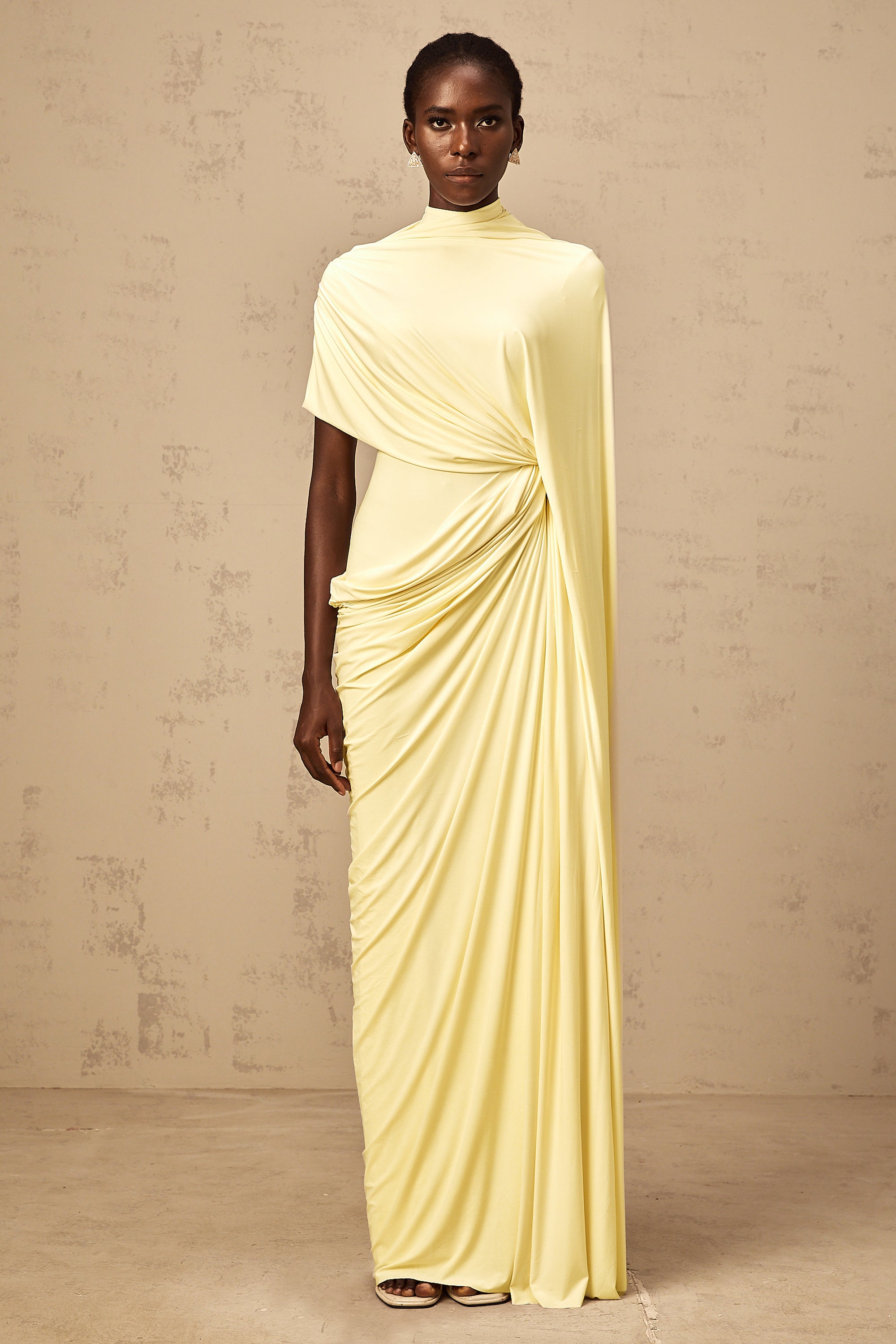 Fenella Asymmetrical Draped Cape & Dress Matching Set Sleeveless Maxi Yellow