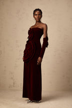 Azura Floral Appliqué Maxi Dress Off-Shoulder Long Sleeve Detail Red