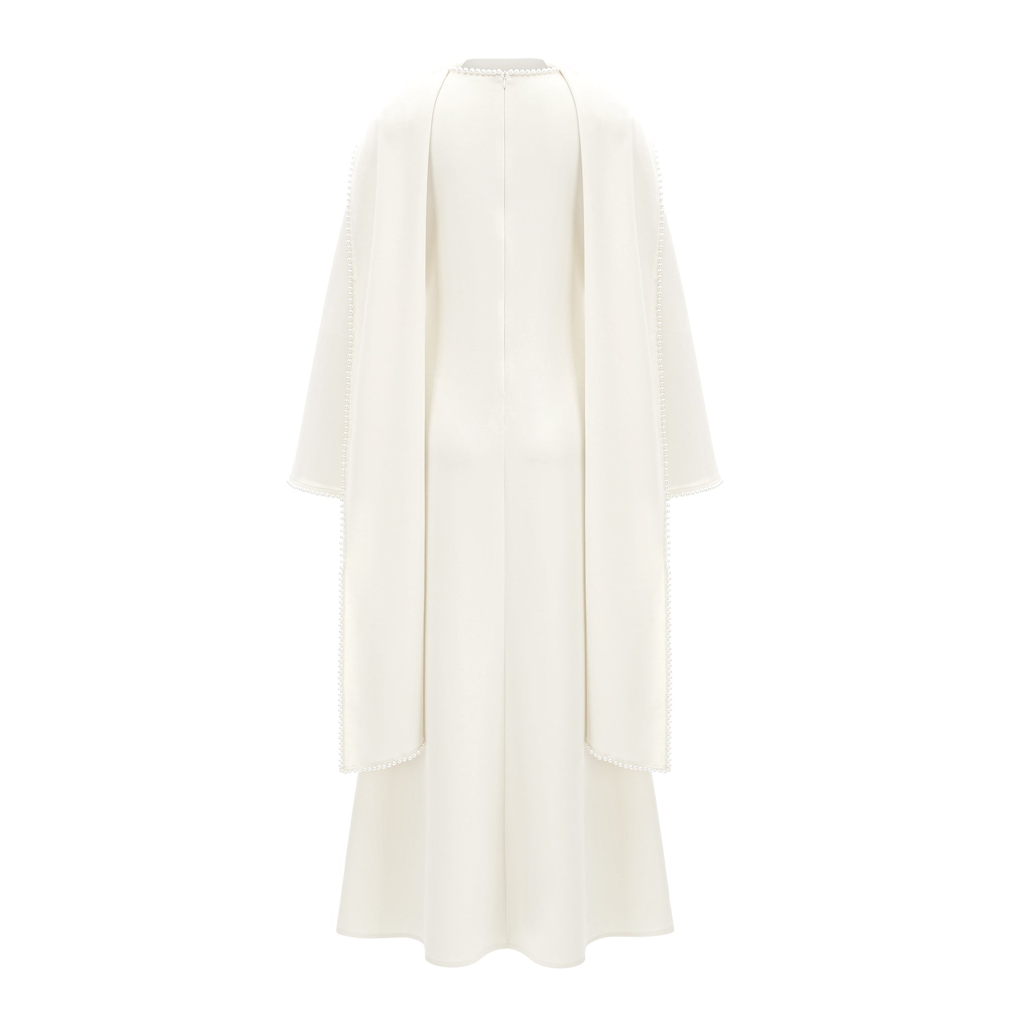 Piroska Pearl Trim Shawl Detail Maxi Dress Mock Neck Long Sleeve White