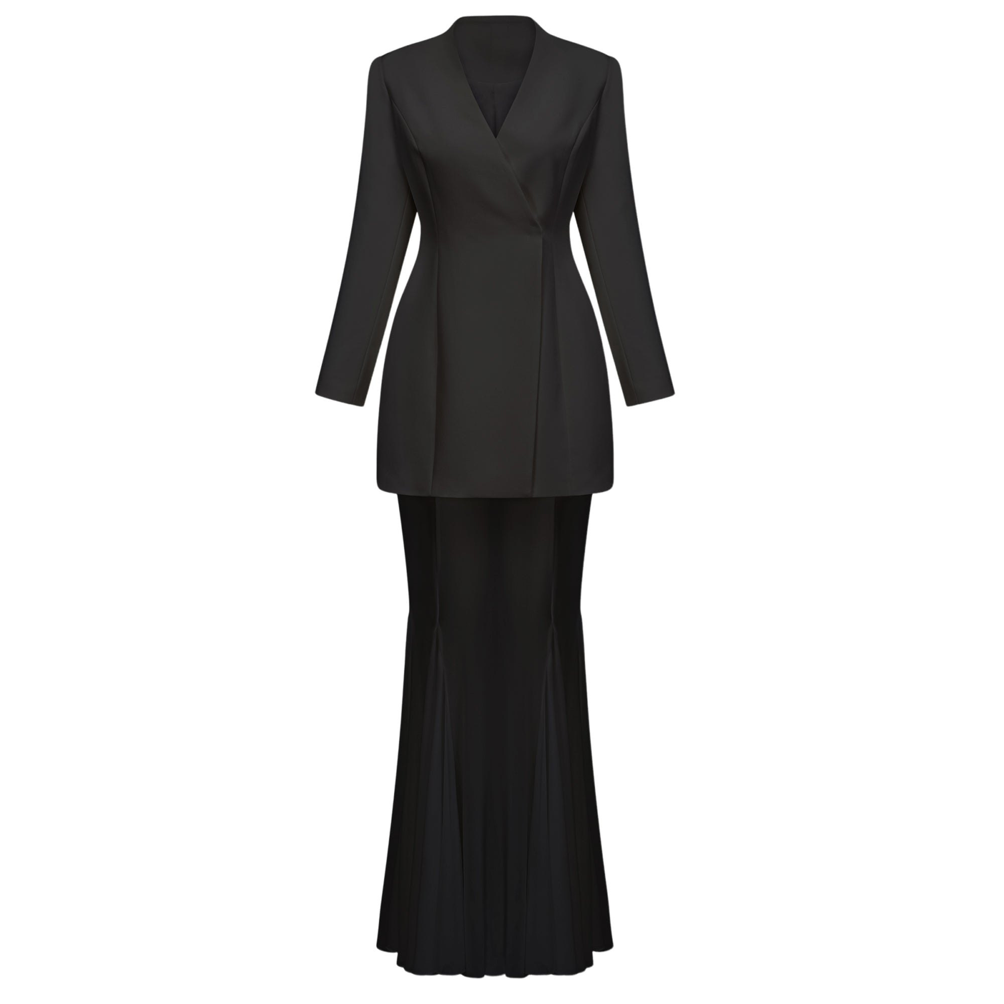 Enora Barrel Design Jacket Skirt Set V-Neck Mesh Pleated Detail Black