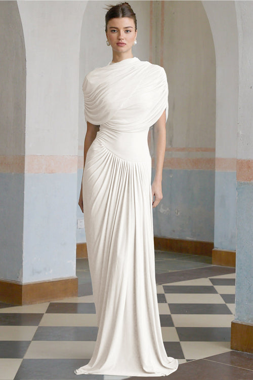 Catherine Asymmetrical Pleated Maxi Dress Crew Neck Sleeveless Mesh Detail White