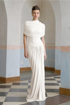 Catherine Asymmetrical Pleated Maxi Dress Crew Neck Sleeveless Mesh Detail White