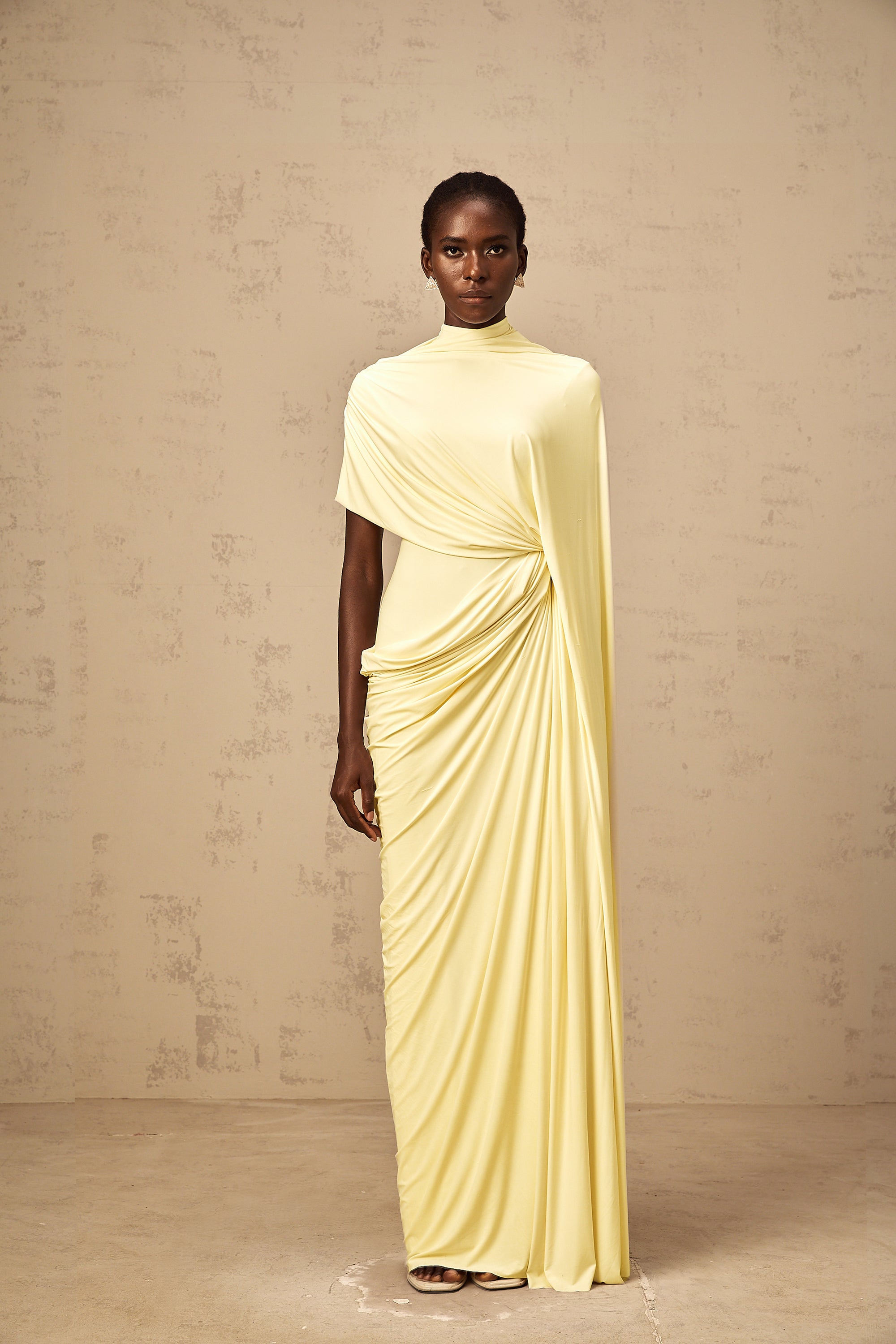 Fenella Asymmetrical Draped Cape & Dress Matching Set Sleeveless Maxi Yellow