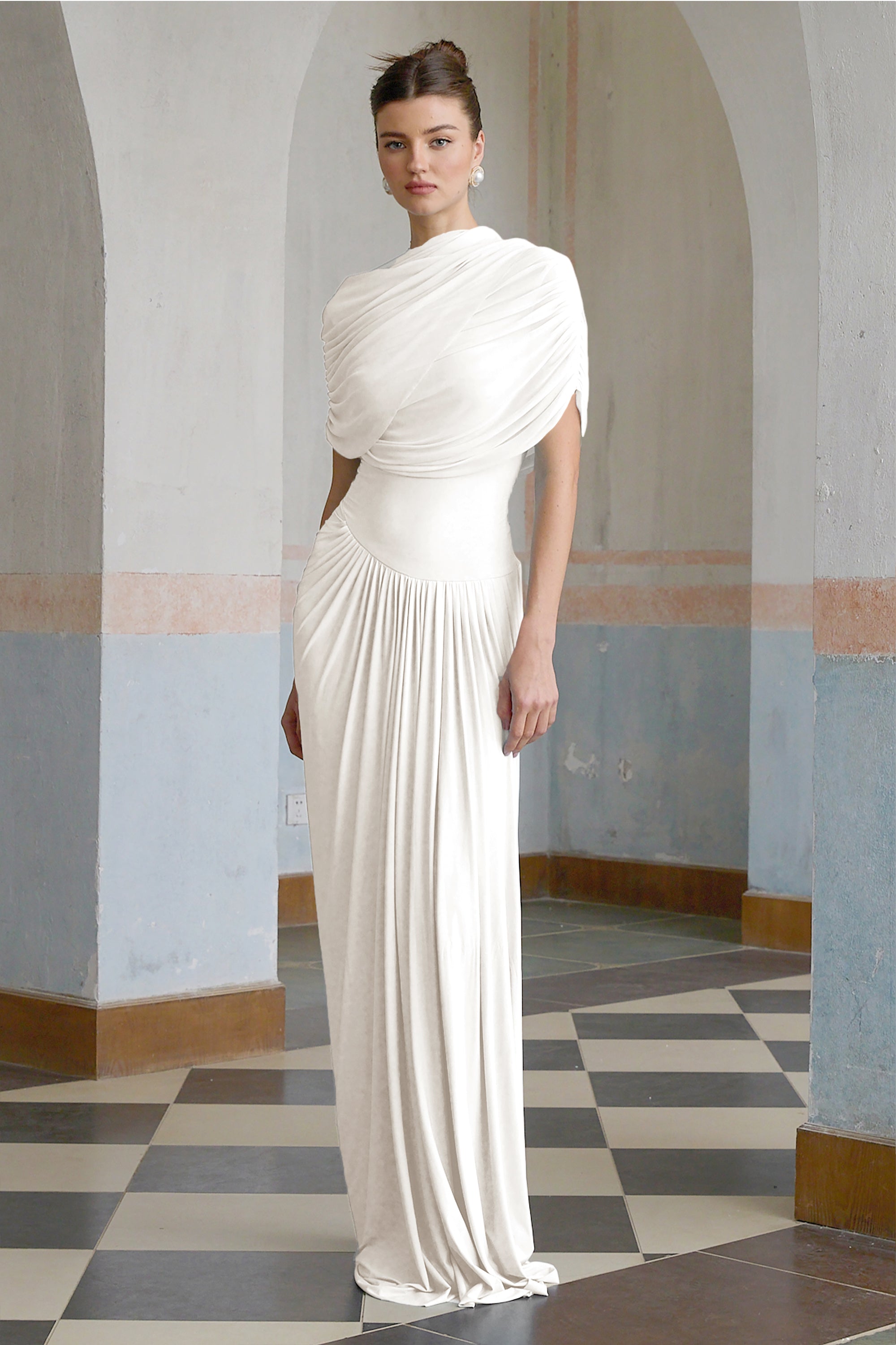Catherine Asymmetrical Pleated Maxi Dress Crew Neck Sleeveless Mesh Detail White