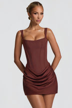 Paulette Ruched Bodycon Mini Dress Scoop Neck Sleeveless Lace-Up Detail Brown