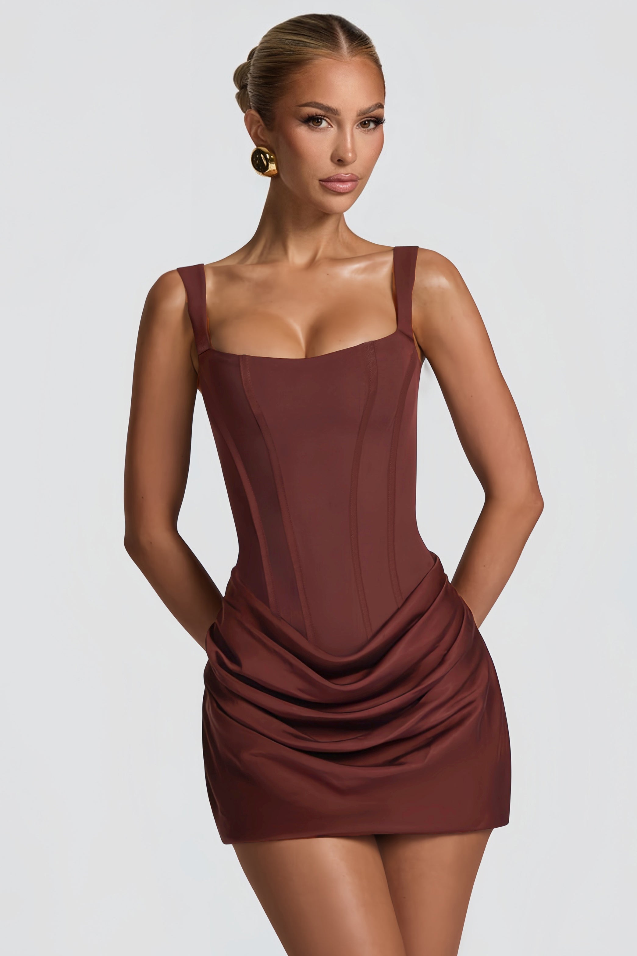 Paulette Ruched Bodycon Mini Dress Scoop Neck Sleeveless Lace-Up Detail Brown