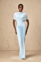 Catherine Asymmetrical Pleated Maxi Dress Sleeveless Mesh Shawl Baby Blue