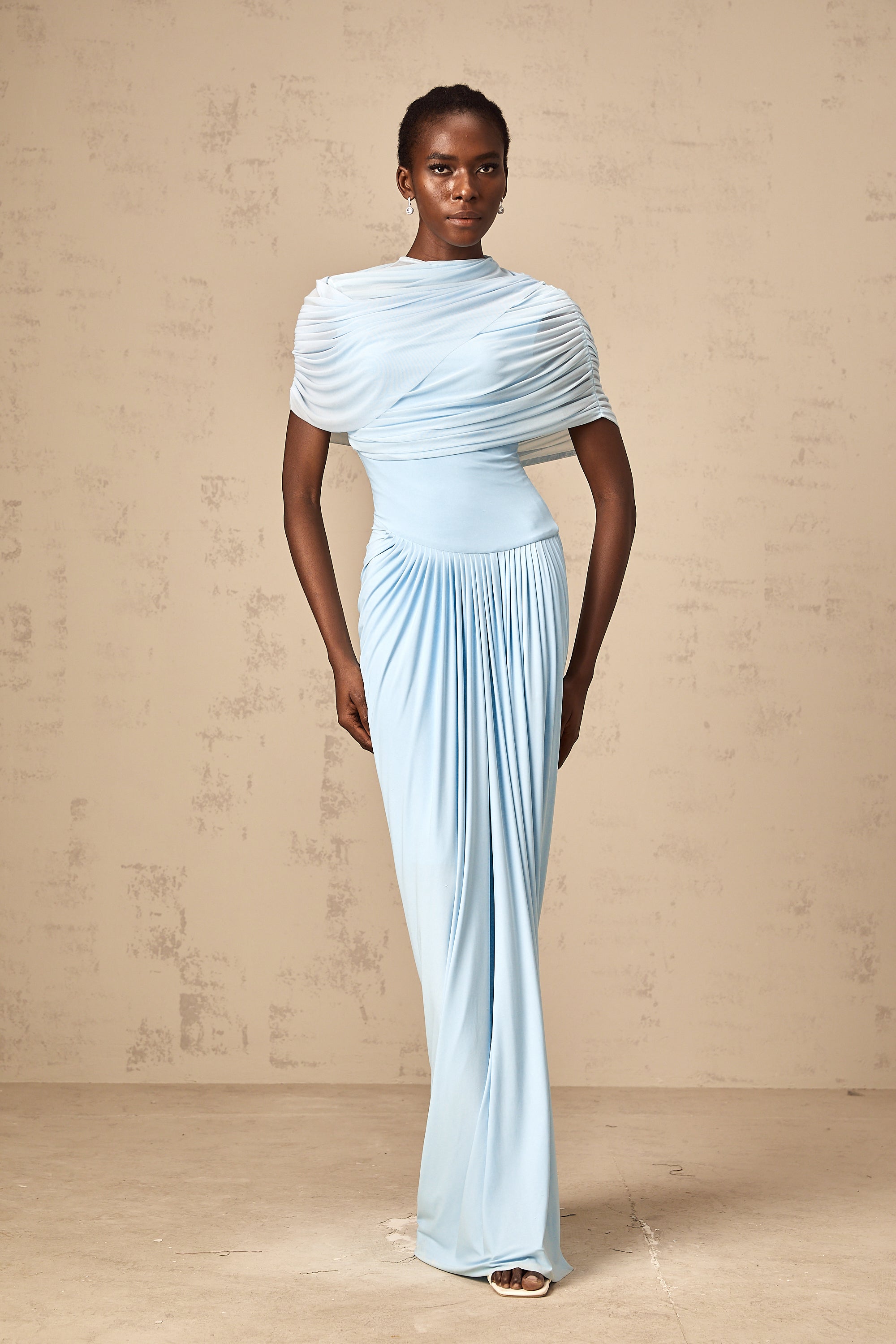 Catherine Asymmetrical Pleated Maxi Dress Sleeveless Mesh Shawl Baby Blue