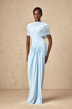 Catherine Asymmetrical Pleated Maxi Dress Sleeveless Mesh Shawl Baby Blue