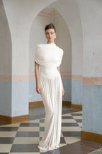Catherine Asymmetrical Pleated Maxi Dress Crew Neck Sleeveless Mesh Detail White