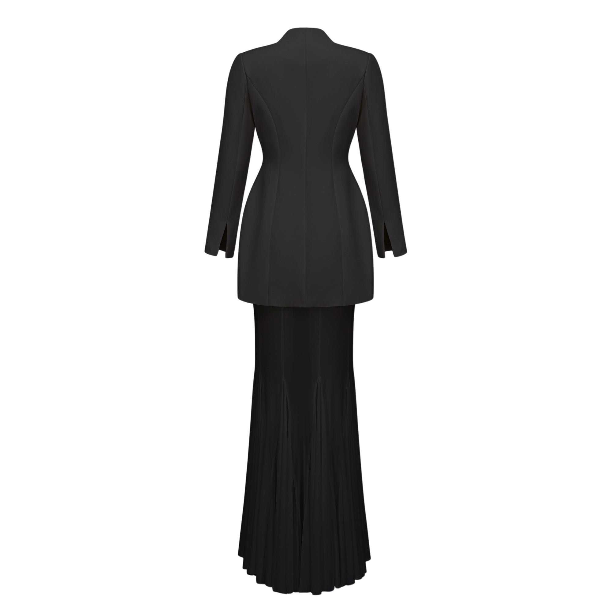 Enora Barrel Design Jacket Skirt Set V-Neck Mesh Pleated Detail Black