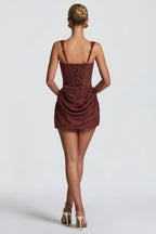 Paulette Ruched Bodycon Mini Dress Scoop Neck Sleeveless Lace-Up Detail Brown
