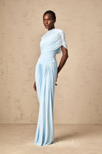 Catherine Asymmetrical Pleated Maxi Dress Sleeveless Mesh Shawl Baby Blue