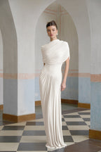 Catherine Asymmetrical Pleated Maxi Dress Crew Neck Sleeveless Mesh Detail White