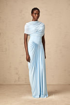 Catherine Asymmetrical Pleated Maxi Dress Sleeveless Mesh Shawl Baby Blue
