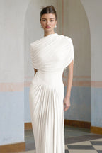 Catherine Asymmetrical Pleated Maxi Dress Crew Neck Sleeveless Mesh Detail White