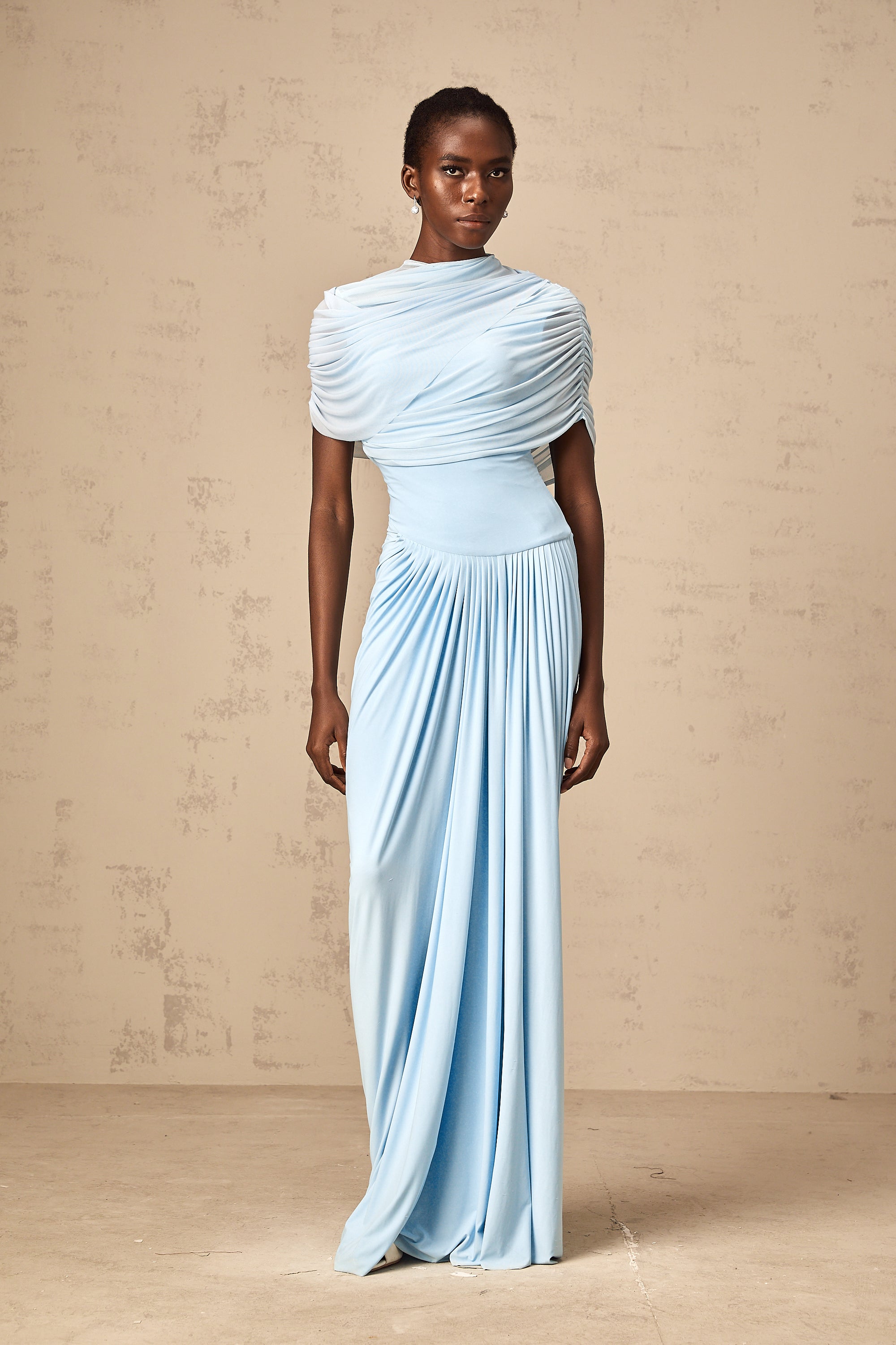 Catherine Asymmetrical Pleated Maxi Dress Sleeveless Mesh Shawl Baby Blue