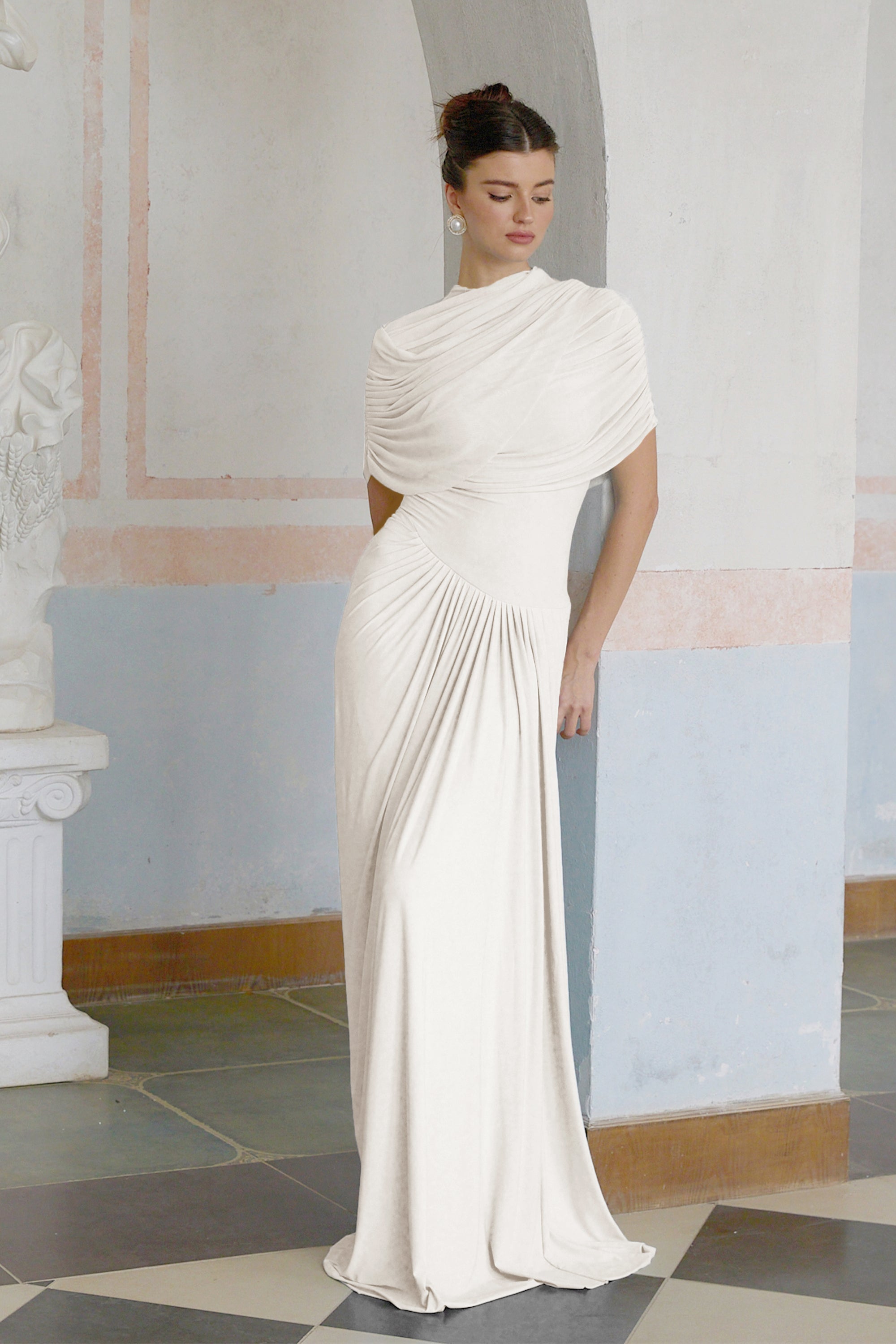 Catherine Asymmetrical Pleated Maxi Dress Crew Neck Sleeveless Mesh Detail White