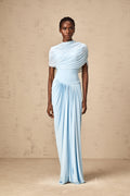 Catherine Asymmetrical Pleated Maxi Dress Sleeveless Mesh Shawl Baby Blue
