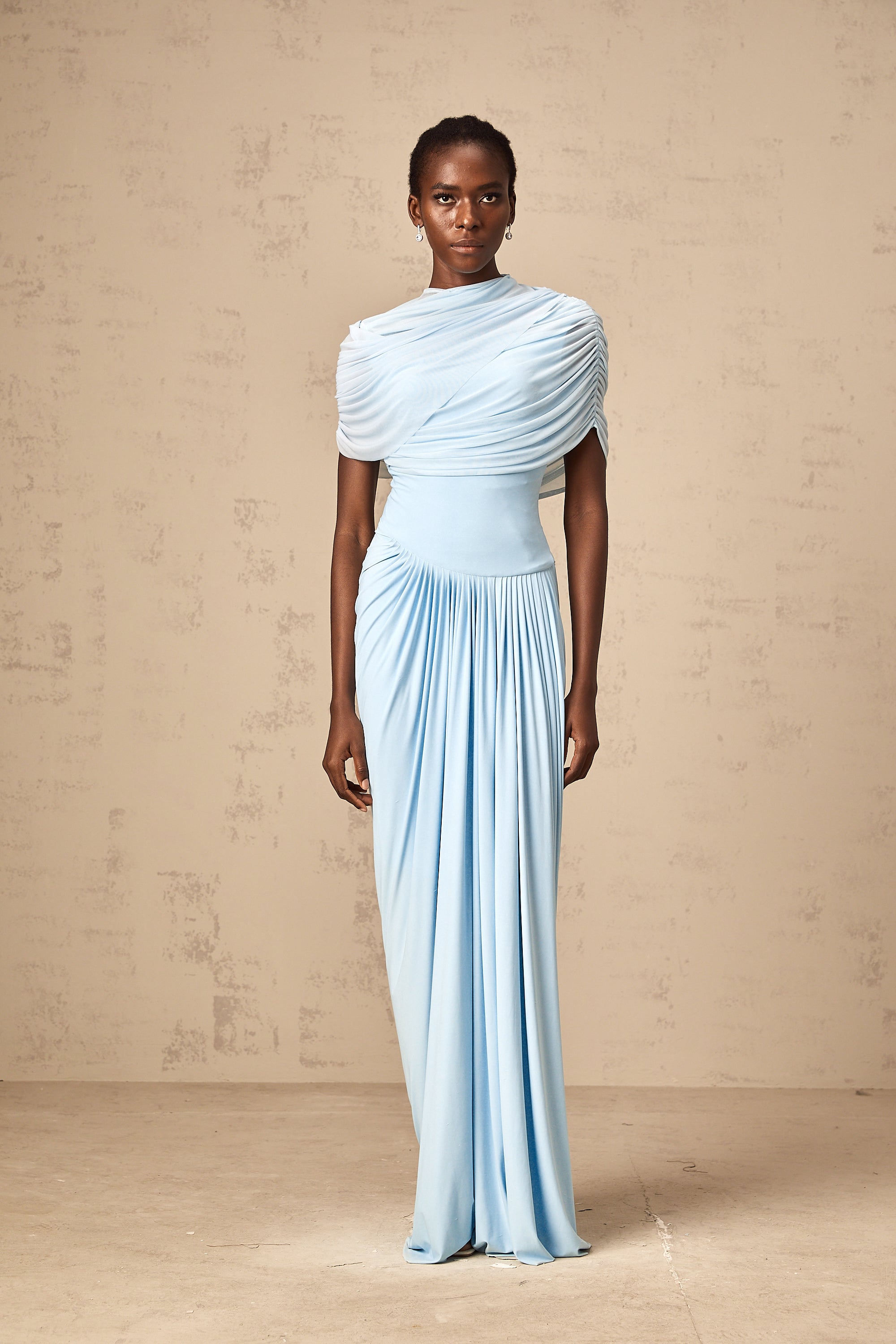 Catherine Asymmetrical Pleated Maxi Dress Sleeveless Mesh Shawl Baby Blue