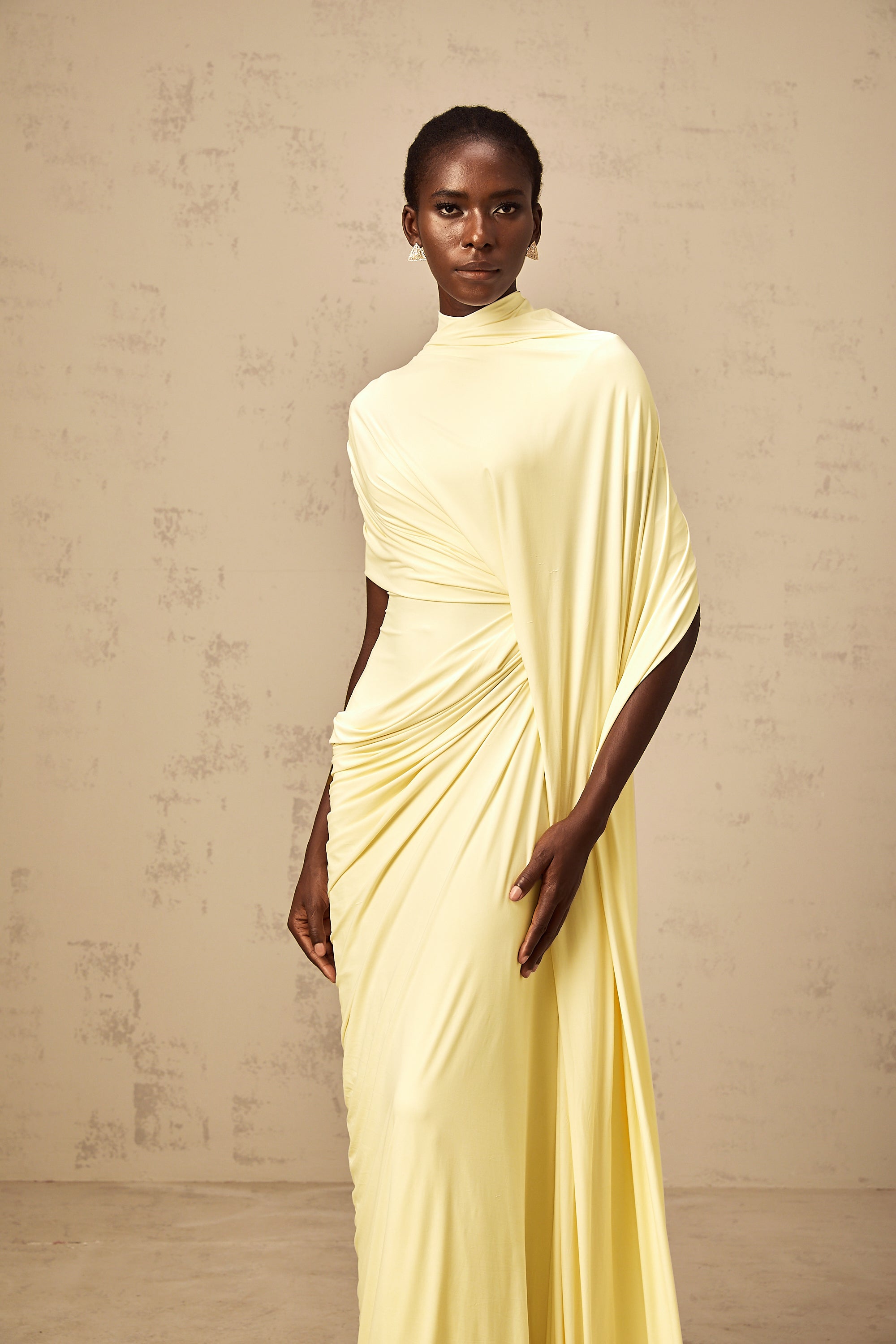 Fenella Asymmetrical Draped Cape & Dress Matching Set Sleeveless Maxi Yellow