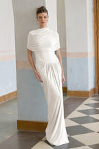 Catherine Asymmetrical Pleated Maxi Dress Crew Neck Sleeveless Mesh Detail White