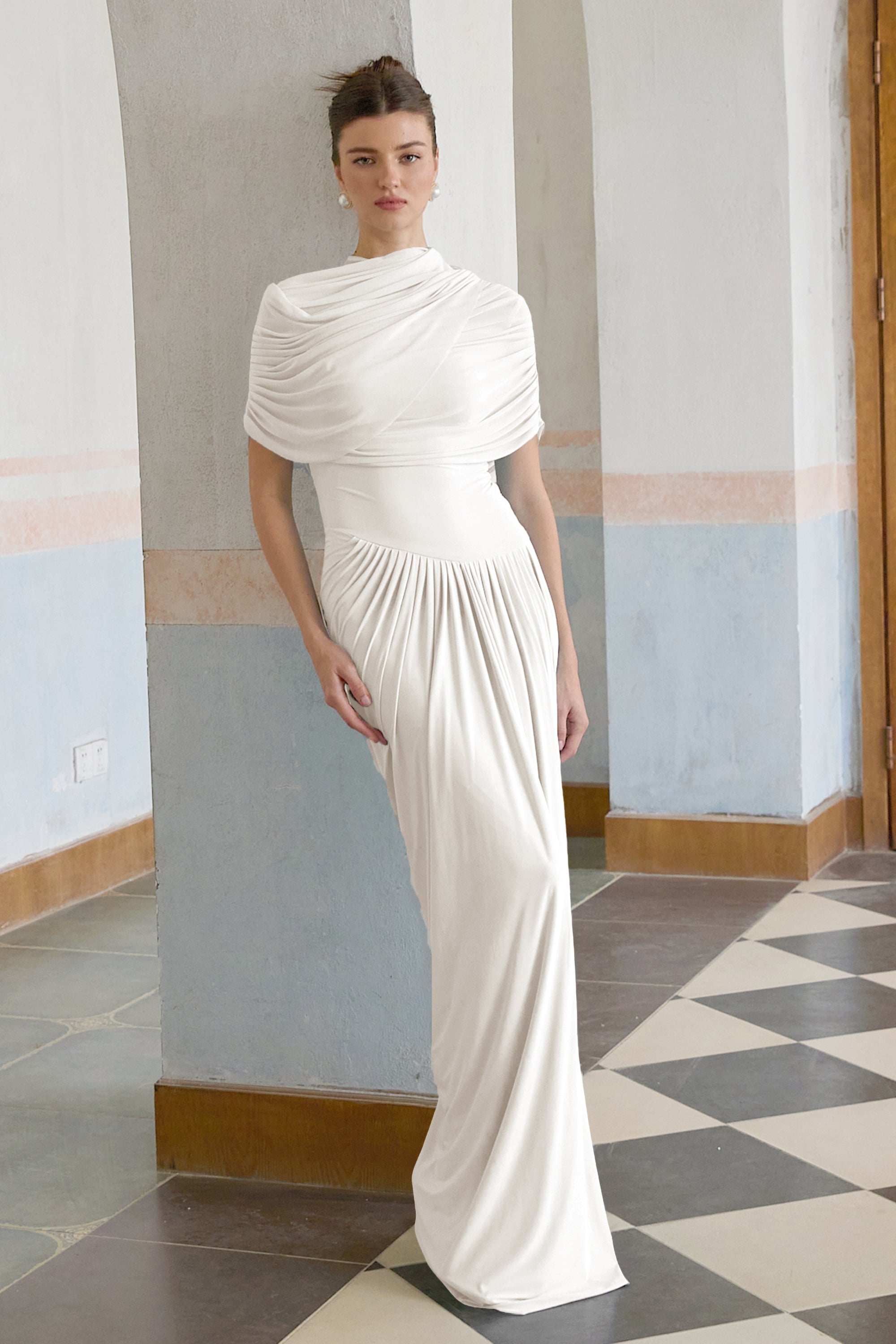 Catherine Asymmetrical Pleated Maxi Dress Crew Neck Sleeveless Mesh Detail White