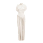 Catherine Asymmetrical Pleated Maxi Dress Crew Neck Sleeveless Mesh Detail White