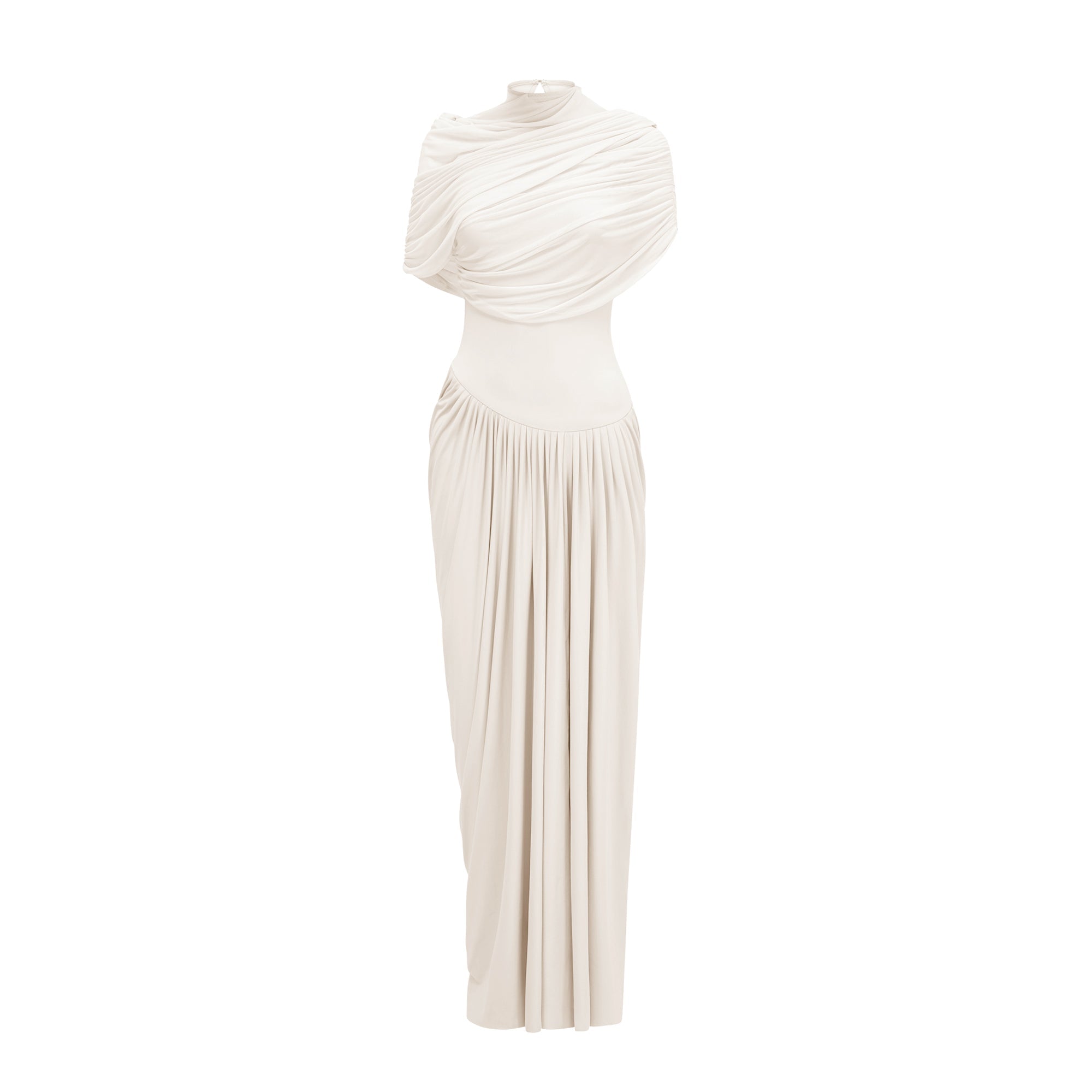 Catherine Asymmetrical Pleated Maxi Dress Crew Neck Sleeveless Mesh Detail White