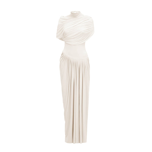 Catherine Asymmetrical Pleated Maxi Dress Crew Neck Sleeveless Mesh Detail White