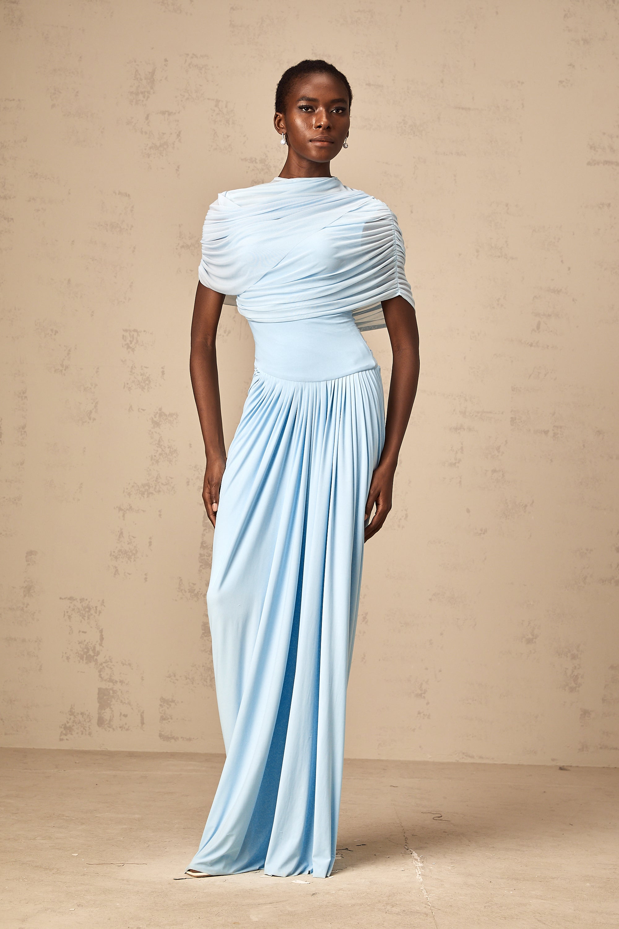 Catherine Asymmetrical Pleated Maxi Dress Sleeveless Mesh Shawl Baby Blue