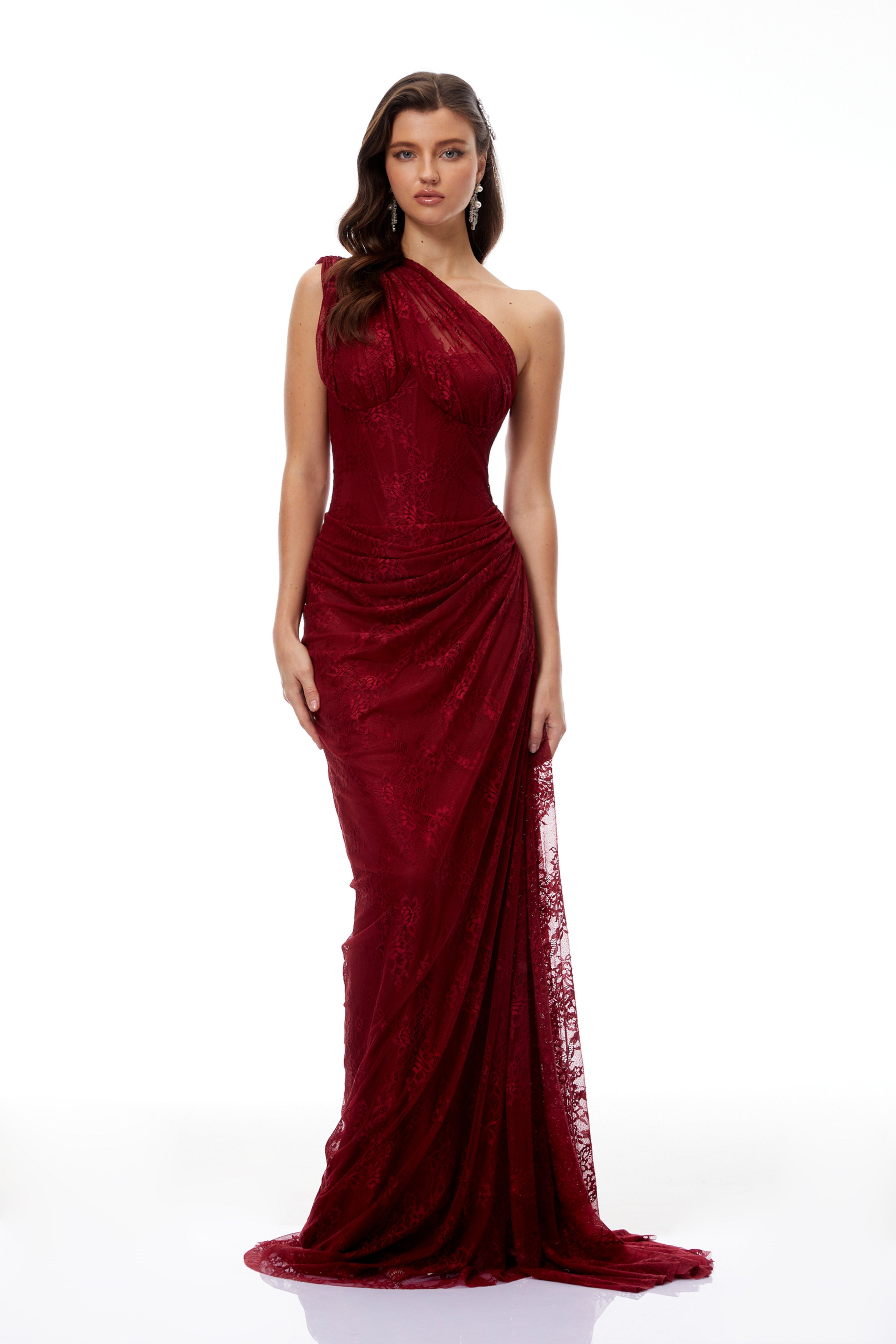 Stefania Floral Lace Maxi Gown One Shoulder High Slit Detail Red