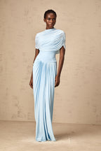 Catherine Asymmetrical Pleated Maxi Dress Sleeveless Mesh Shawl Baby Blue