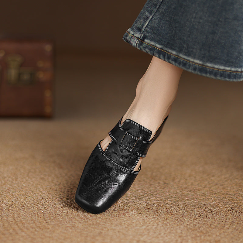 Women's Leather Mules Square Toe Block Heel Slip-On