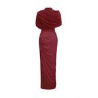 Catherine Asymmetrical Pleated Maxi Dress Crew Neck Sleeveless Mesh Detail Red