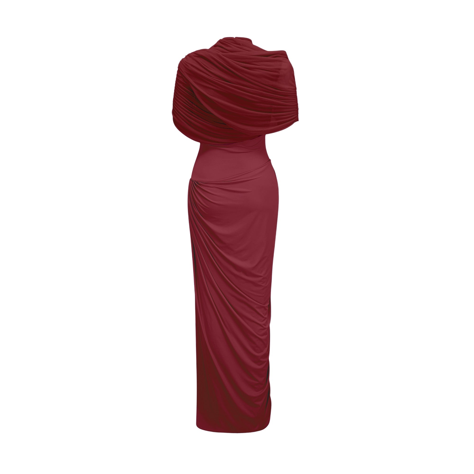 Catherine Asymmetrical Pleated Maxi Dress Crew Neck Sleeveless Mesh Detail Red