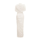 Catherine Asymmetrical Pleated Maxi Dress Crew Neck Sleeveless Mesh Detail White