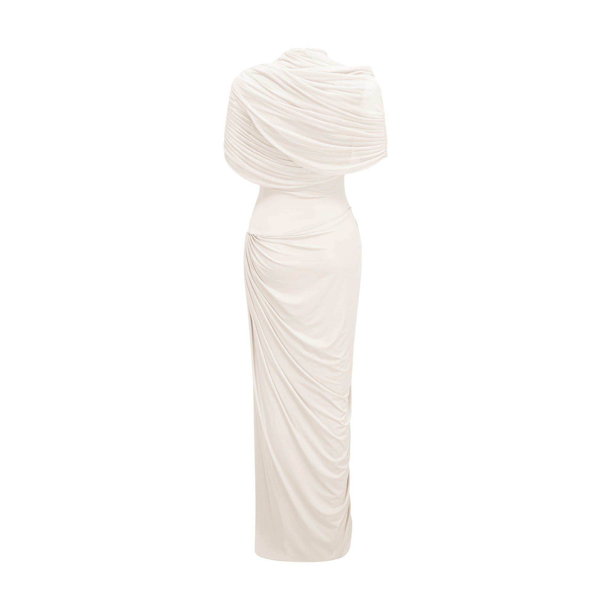 Catherine Asymmetrical Pleated Maxi Dress Crew Neck Sleeveless Mesh Detail White