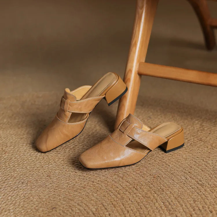Women's Leather Mules Square Toe Block Heel Slip-On