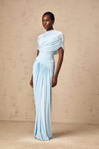 Catherine Asymmetrical Pleated Maxi Dress Sleeveless Mesh Shawl Baby Blue