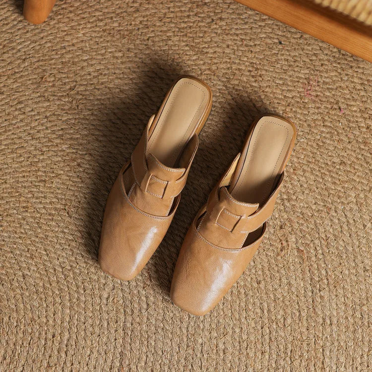 Women's Leather Mules Square Toe Block Heel Slip-On