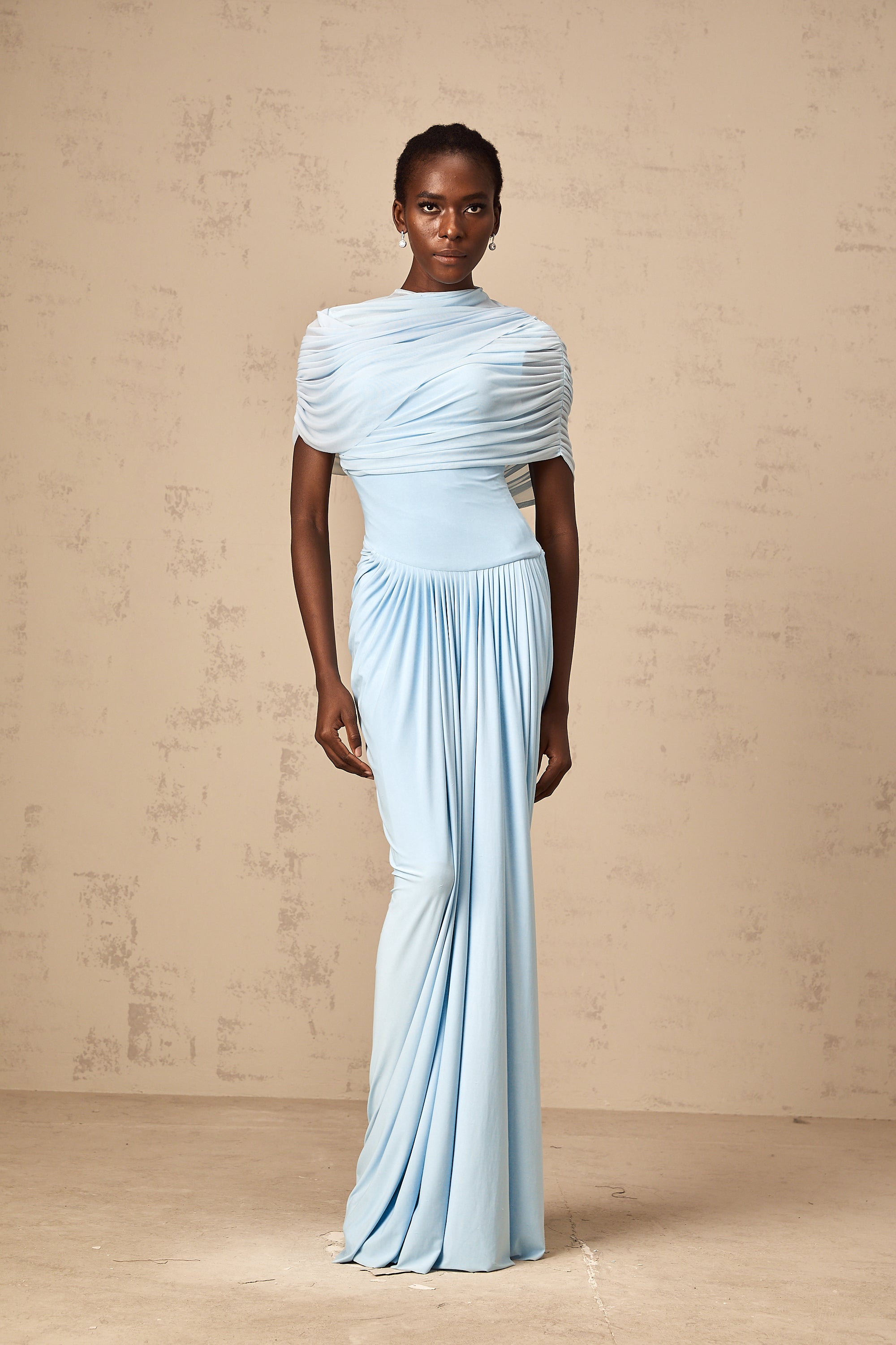 Catherine Asymmetrical Pleated Maxi Dress Sleeveless Mesh Shawl Baby Blue