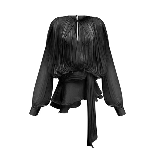 Eugénie Fully Pleated Ruffled Mini Dress Long Sleeve Black