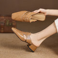Women's Leather Mules Square Toe Block Heel Slip-On